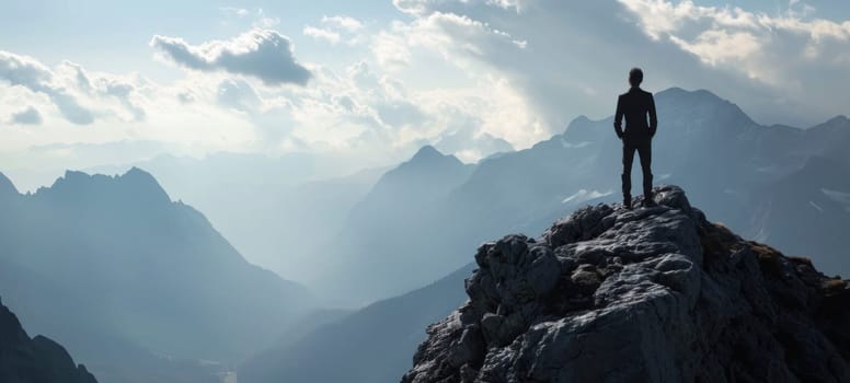 A silhouette of an explorer on a mountain summit against a backdrop of dramatic peaks and clouds, depicting contemplation and vastness.