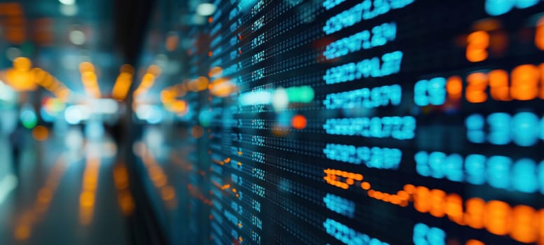 Close-up view of glowing stock market numbers and graphs on a high-resolution digital screen with a deep blue color scheme.