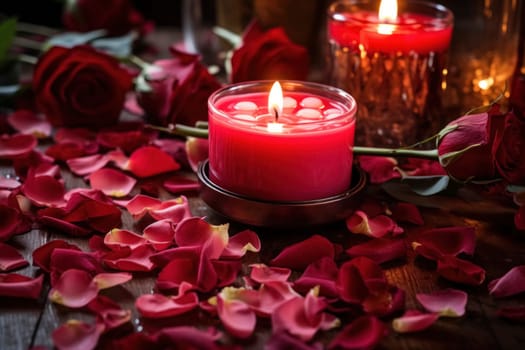 Red rose petals scattered around a burning candle, with a warm light in a cozy, romantic setting.