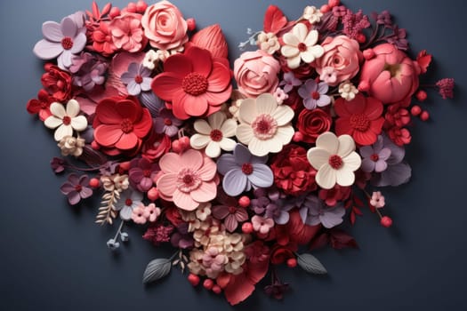 Handcrafted heart made of paper flowers ranging from deep red to soft pink on a dark moody background.