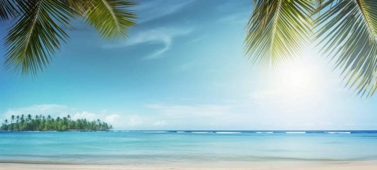 Tranquil sandy beach scene with palm trees gently swaying, clear blue water, and a calm ocean horizon under a soft blue sky.
