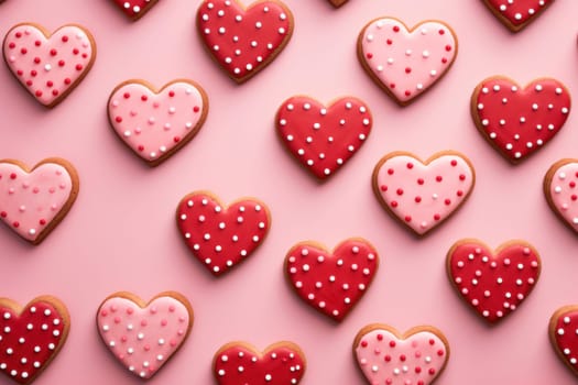 Delightful red and pink heart-shaped cookies with polka dots, arranged on a soft pastel pink background.
