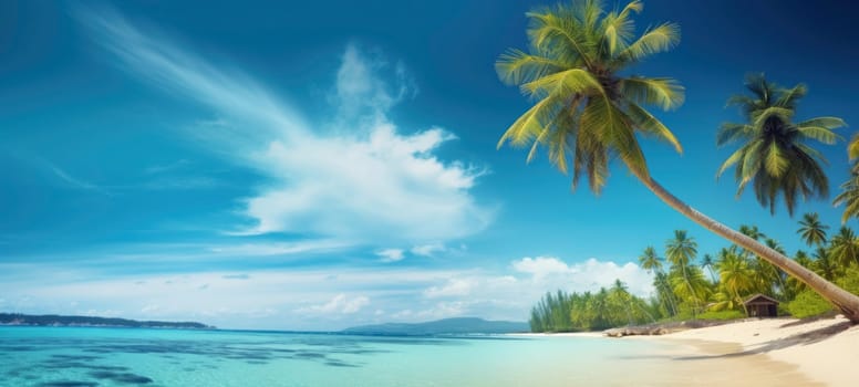 Panoramic view of a picturesque tropical beach with swaying palm trees, a thatched hut, and clear turquoise waters under a blue sky.