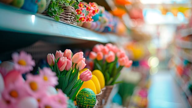 Easter decorations on store shelves. Colorful Easter eggs and flowers in a blurred store aisle. Selective focus. Food.