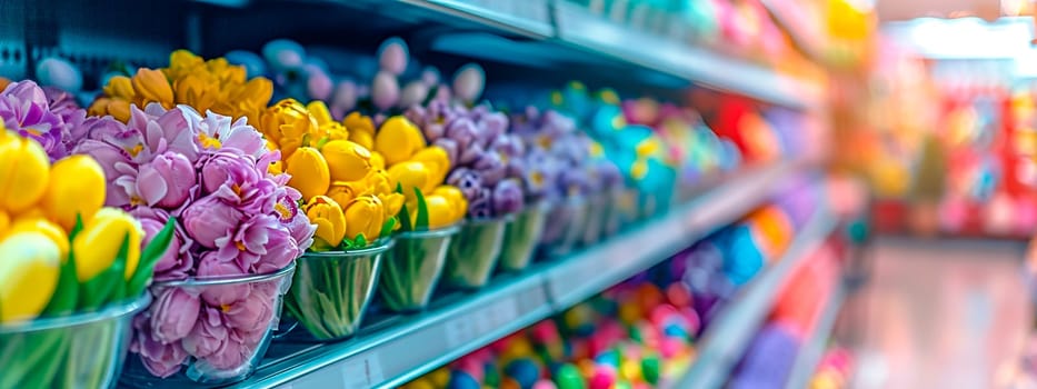 Easter decorations on store shelves. Colorful Easter eggs and flowers in a blurred store aisle. Selective focus. Food.