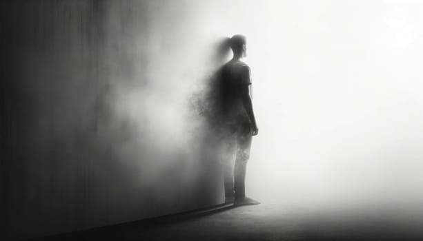 Back view of a person blending into a foggy background, symbolizing detachment.