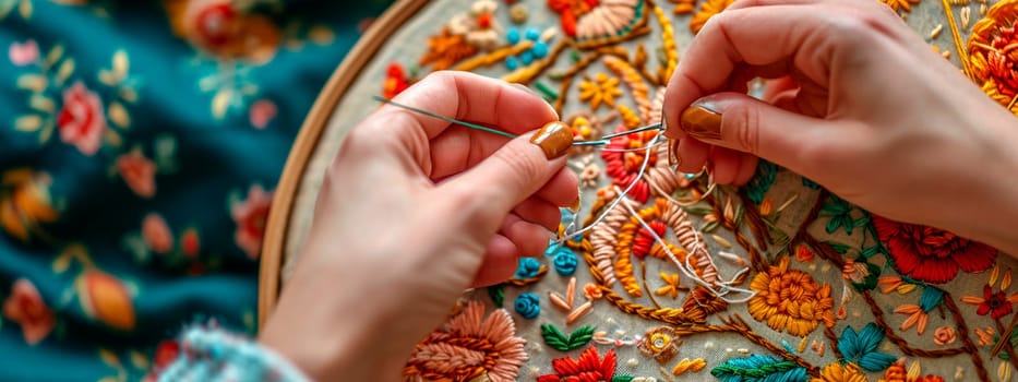 A woman embroiders on fabric with threads. Selective focus. Color.