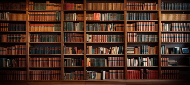 A traditional library full of an extensive collection of books arranged on wooden shelves.