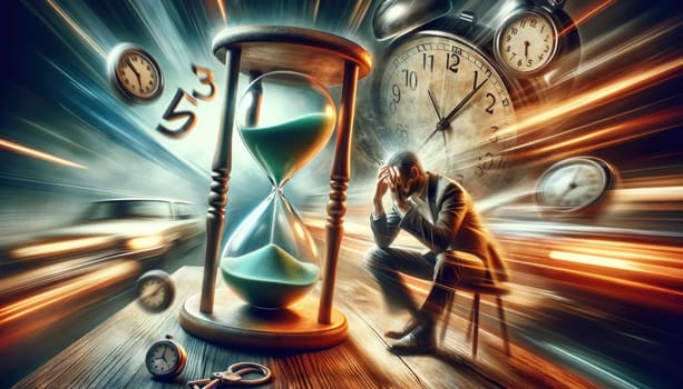 illustration showing time slipping away with clocks and human elements.