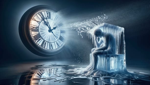 A melting ice sculpture set against a ticking clock, symbolizing the fleeting nature of time and urgency