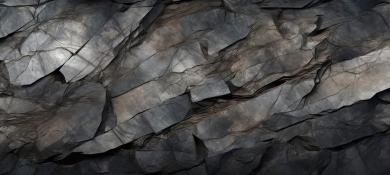 A detailed close-up shot of a dark rock surface showcasing various textures and shades.