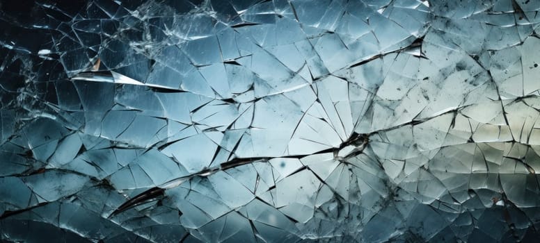 A close-up of a shattered glass pane, showcasing an intricate pattern of cracks and textures on a blue-toned background.