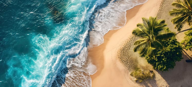 A stunning drone perspective of waves crashing onto a sandy beach with palm trees, highlighting a peaceful tropical scene.