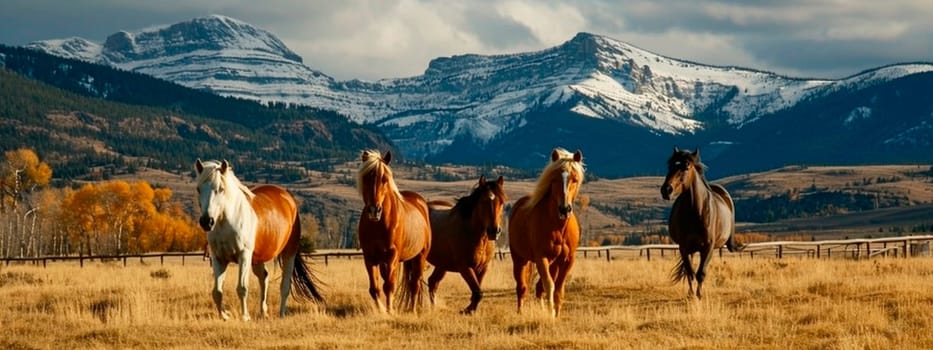 portrait of a herd of wild horses in nature. Selective focus. animal.