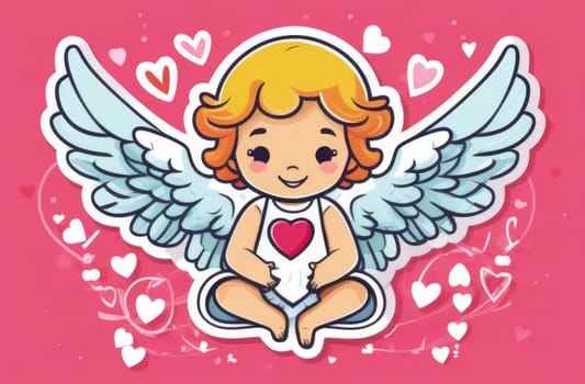 Illustration of greeting card white, cute, funny baby cupid angel with gold curly hair on pastel colors background. Promotion, shopping template for love and valentines, mothers day concept. Flat lay