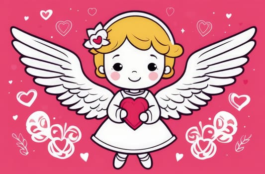 Illustration of greeting card white, cute, funny baby cupid angel with gold curly hair on pastel colors background. Promotion, shopping template for love and valentines, mothers day concept. Flat lay