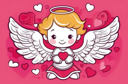 Illustration of greeting card white, cute, funny baby cupid angel with gold curly hair on pastel colors background. Promotion, shopping template for love and valentines, mothers day concept. Flat lay