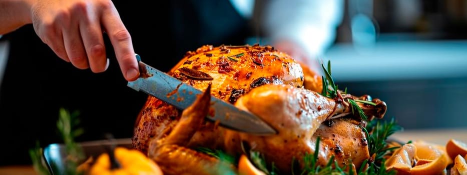 Cutting turkey with a knife on the table. Selective focus. Food.