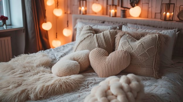 Bridal room pillows in the shape of a heart. Selective focus. love.