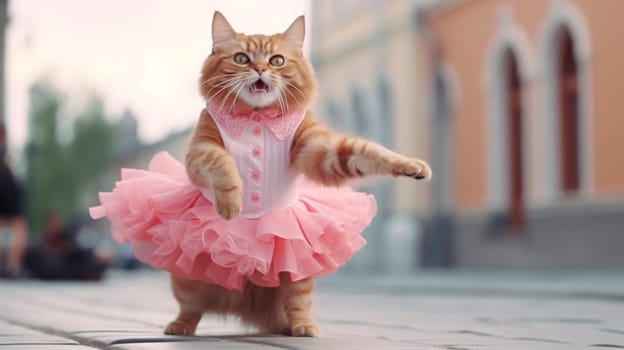 The cat is dancing in a pink dress. Selective focus. Animal.