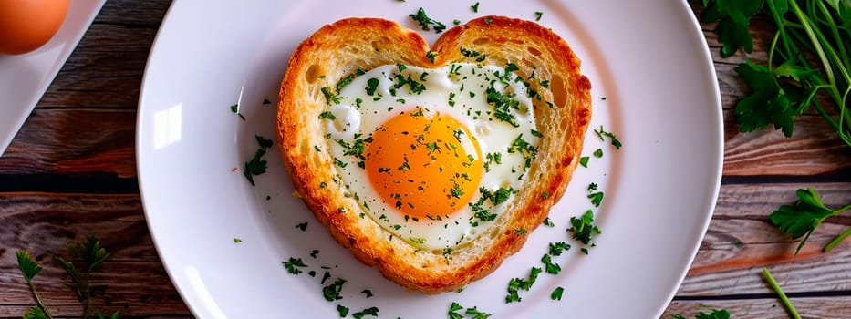 fried egg toast in the shape of a heart. Selective focus. food.