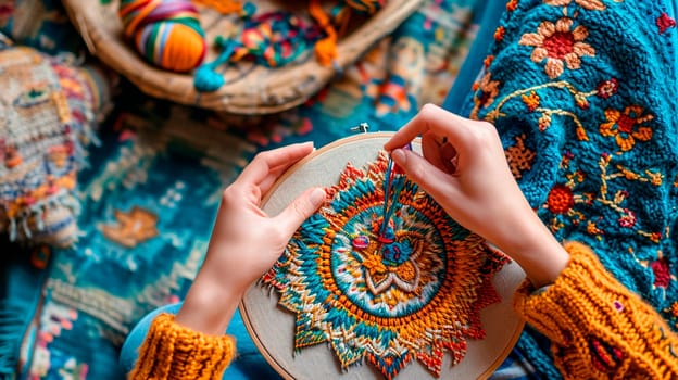 A woman embroiders on fabric with threads. Selective focus. Color.