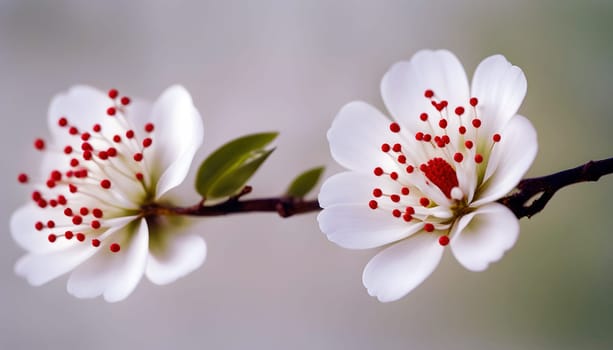 Close-up of White Cherry Blossoms with Red Stamens Created by artificial intelligence