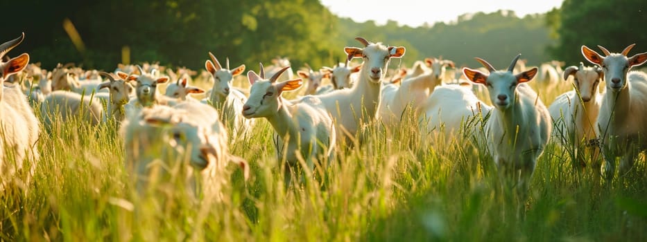 Goats graze on a farm meadow. Selective focus. Nature.