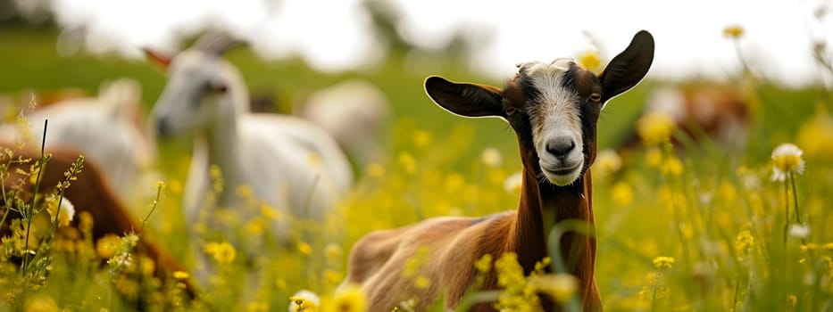 Goats graze on a farm meadow. Selective focus. Nature.