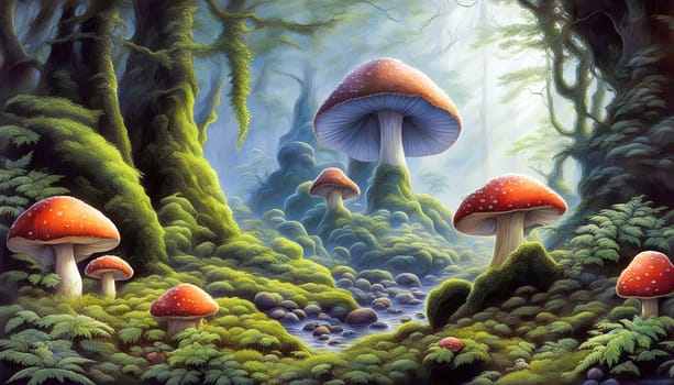 Enchanted Forest with Giant Mushrooms and Misty Atmosphere Created by artificial intelligence
