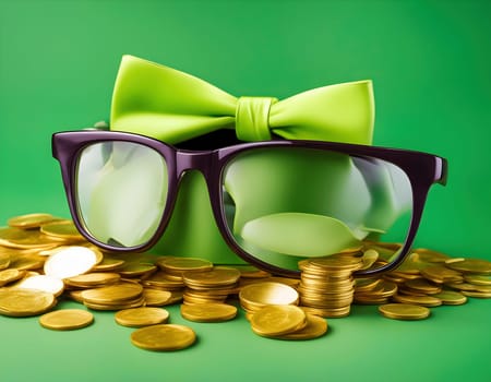 Giant Sunglasses and Bow Tie on Coins Pile Created by artificial intelligence