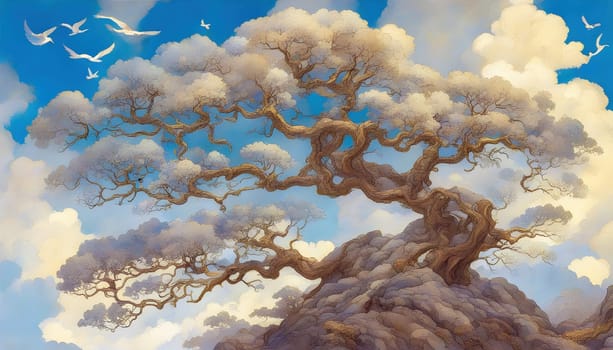Majestic Tree on Rocky Outcrop with Soaring Birds Created by artificial intelligence