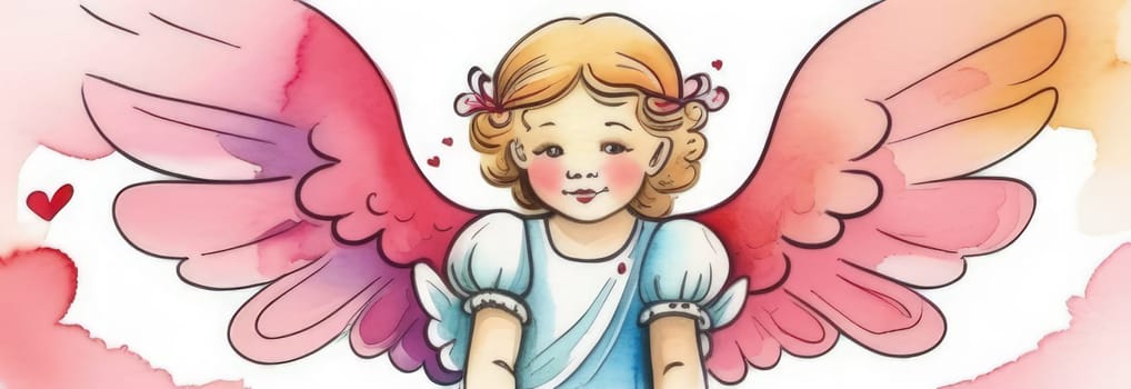 Illustration watercolour of greeting card white, cute, funny baby cupid angel with gold curly hair on pastels background. Promotion, shopping template for love and valentines, mothers day concept