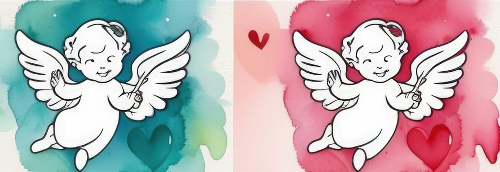 Illustration watercolour of greeting card white, cute, funny baby cupid angel with gold curly hair on pastels background. Promotion, shopping template for love and valentines, mothers day concept