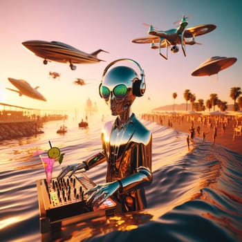 metallic alien deejay, hosting a crowded beach party in tropical island at sunset generative ai art