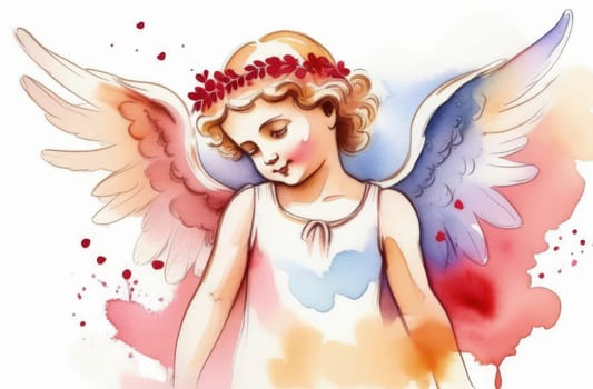 Illustration watercolour of greeting card white, cute, funny baby cupid angel with gold curly hair on pastels background. Promotion, shopping template for love and valentines, mothers day concept