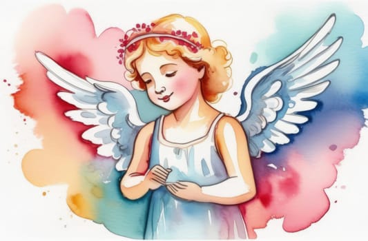 Illustration watercolour of greeting card white, cute, funny baby cupid angel with gold curly hair on pastels background. Promotion, shopping template for love and valentines, mothers day concept