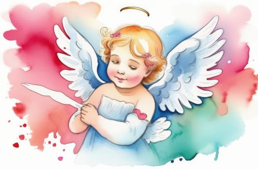 Illustration watercolour of greeting card white, cute, funny baby cupid angel with gold curly hair on pastels background. Promotion, shopping template for love and valentines, mothers day concept