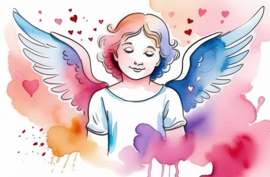 Illustration watercolour of greeting card white, cute, funny baby cupid angel with gold curly hair on pastels background. Promotion, shopping template for love and valentines, mothers day concept