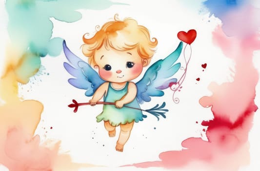 Illustration watercolour of greeting card white, cute, funny baby cupid angel with gold curly hair on pastels background. Promotion, shopping template for love and valentines, mothers day concept