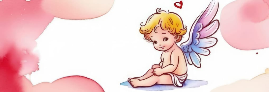 Illustration watercolour of greeting card white, cute, funny baby cupid angel with gold curly hair on pastels background. Promotion, shopping template for love and valentines, mothers day concept