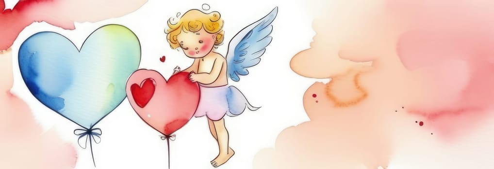 Illustration watercolour of greeting card white, cute, funny baby cupid angel with gold curly hair on pastels background. Promotion, shopping template for love and valentines, mothers day concept