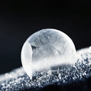 Beautiful ice bubble. Macro shot of winter nature. Frost - ice and frozen water at a low temperature.