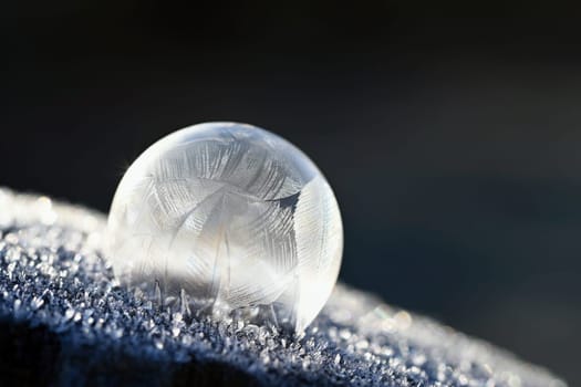 Beautiful ice bubble. Macro shot of winter nature. Frost - ice and frozen water at a low temperature.