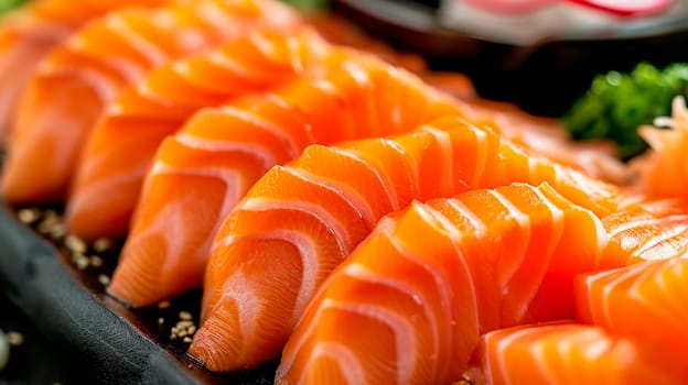 Red fish slices on a plate. Selective focus. Food.