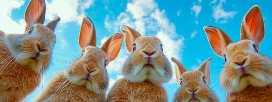 Rabbits look at the camera against the sky. Selective focus. Nature.