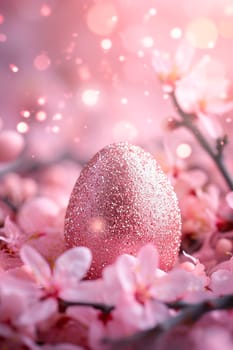 Shiny pink egg for Easter. Selective focus. Food,