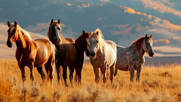portrait of a herd of wild horses in nature. Selective focus. animal.