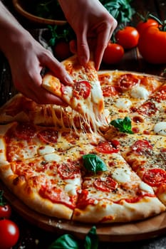 hands take pizza on the table. Selective focus. food.