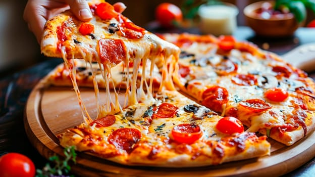 hands take pizza on the table. Selective focus. food.